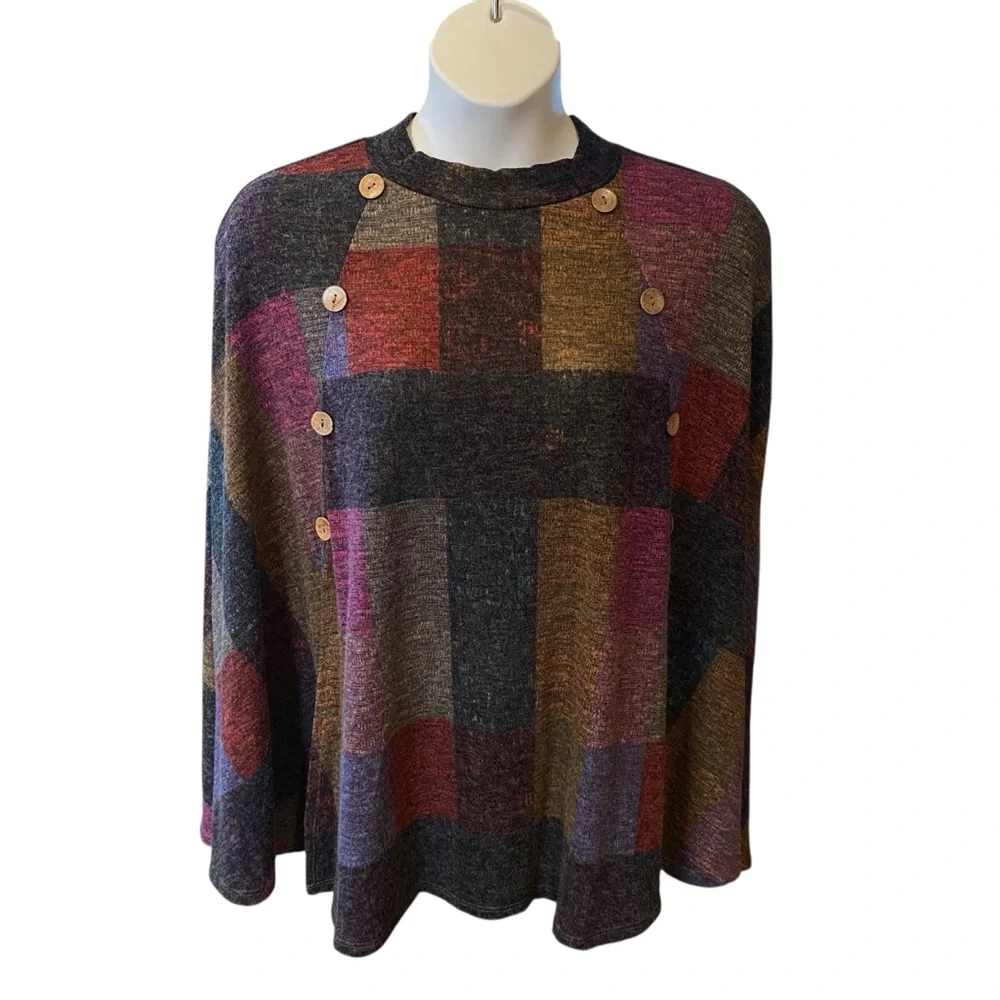 ODDI Multicolor Color Block Faux Button Poncho Sweater Womens Plus Size 2X NWT